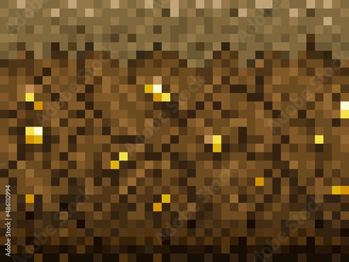Fototapeta Naklejka Na Ścianę i Meble -  Golden ore, brown ground blocks pattern cubic pixel game background. Vintage video arcade level pixelated backdrop. Computer 8bit retro game asset vector pixel texture with gold nuggets in soil