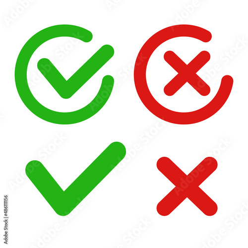 Check mark and cross mark icon set. Correct answers and incorrect answers. Editable vectors. eps10.