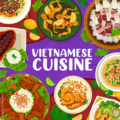 Vietnamese cuisine food menu cover template. Seafood and beef udon noodles, grilled quails and fried fish with rice, shrimp soup, bacon wrapped enoki mushrooms and stir fried frog legs, beef soup