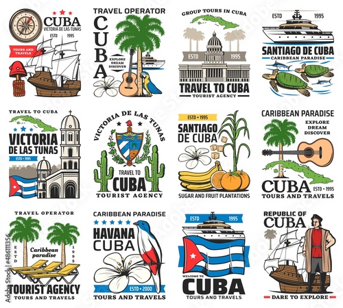 Cuba, Havana travel torus and tourism landmarks, Caribbean beach resort vector icons. Travel agency emblems with Cuba island sightseeing and attraction tours, history, traditions and culture