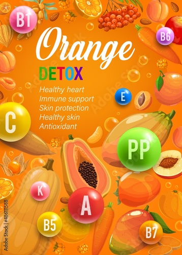 Color rainbow diet orange day nutrition and multivitamins. Healthy nutrition, dieting system or plan vertical vector poster with health benefits and natural orange fruits, ripe vegetables and berries photo