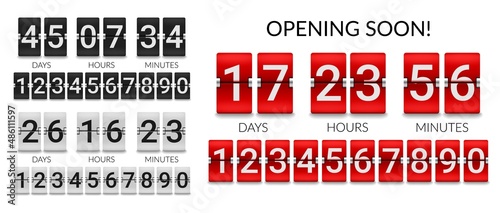 Coming soon time chronometer. Flip countdown clock counter, count down flip board or mechanical countdown scoreboard with numbers on red, black and white displays, opening soon 3d vector timer