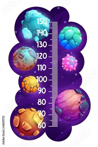 Kids height chart with cartoon fantastic alien space planets, vector growth measure ruler. Child height scale measure meter with galactic meteors and fantasy space asteroids in starry galaxy