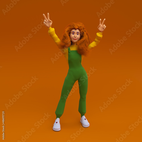 red-haired girl on an orange background shows a victory sign