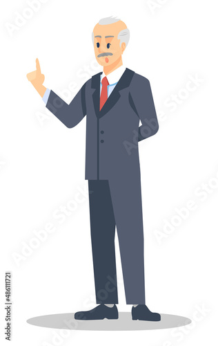 Government official semi flat RGB color vector illustration. Mass media occupation. Strict old man wearing suit isolated cartoon character on white background