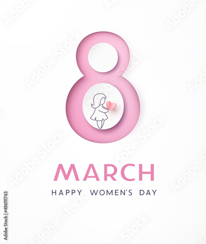 Women's Day greeting card or banner with pink 3D papercut number and drawing girl. Vector 8 March international holiday poster template
