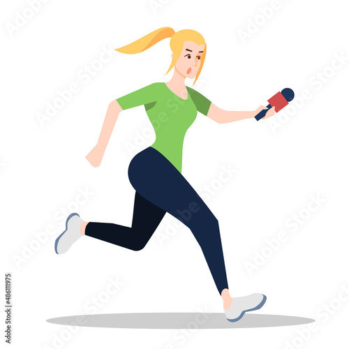 Street journalism semi flat RGB color vector illustration. Mass media occupation. Running female journalist with microphone isolated cartoon character on white background