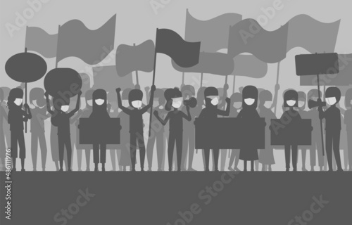 Silhouette people with protesting. Protesters hands holding loudspeaker, banner and flag with mask. Illustration strike political protest and demonstration. Vector illustration Eps10.