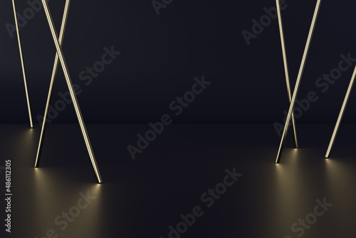 Minimalistic abstraction of golden line tubes on a dark background with reflection.