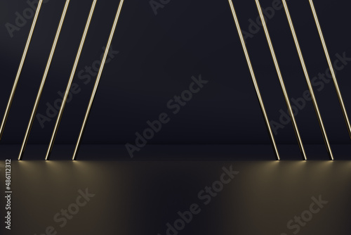 Minimalistic abstraction of golden line tubes on a dark background with reflection.