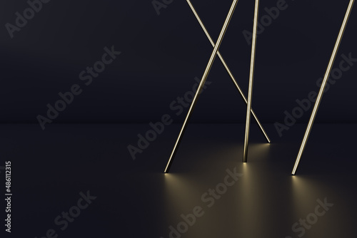 Minimalistic abstraction of golden line tubes on a dark background with reflection.