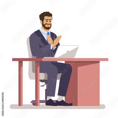 Office space semi flat RGB color vector illustration. Bearded man in suit refusing from business offer isolated cartoon character on white background