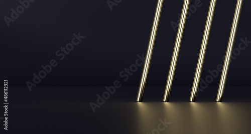 Minimalistic abstraction of golden line tubes on a dark background with reflection.