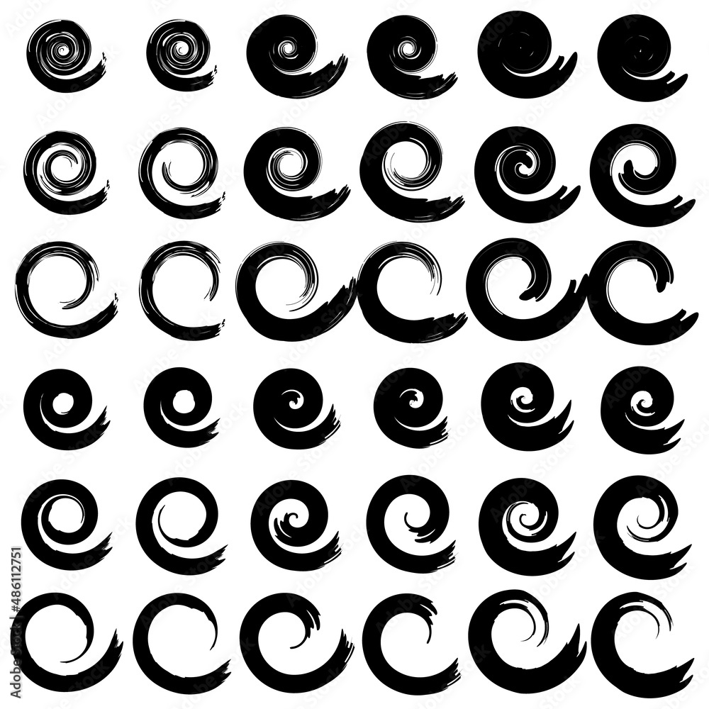 Set of spiral . Whimsical spiral symbols set hand painted with watercolor Ink illustration isolated on white background. Grunge style. Abstract shape. Hand drawn. 