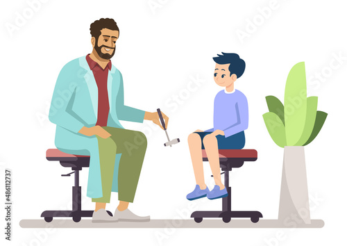 Evaluating young patient knee condition semi flat RGB color vector illustration. Male orthopedist isolated cartoon characters on white background