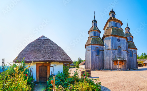 Panorama of Zaporozhian Sich scansen with tall wooden Orthodox church of Intercession, Khortytsia Island, Zaporizhzhia, Ukraine photo