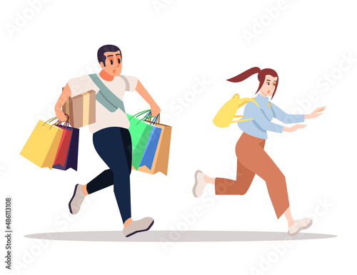 Shopping together semi flat RGB color vector illustration. Excited girl and boy participating in sales event isolated cartoon characters on white background