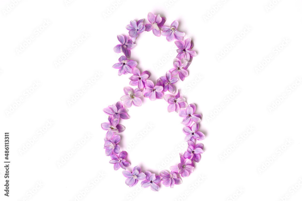 Flowers in the shape of the number 8 on white background. Flat lay, top view, copy space. International Women's Day