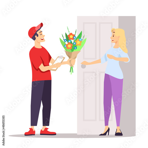 Valentine day gift delivery semi flat RGB color vector illustration. Courier delivering flower bouquet isolated cartoon characters on white background