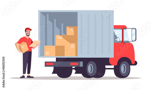 Parcel delivery company semi flat RGB color vector illustration. Male carrier standing near delivery van isolated cartoon character on white background