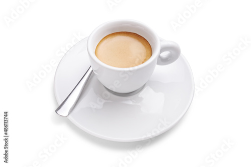 Espresso coffee in a white cup and a silver spoon on the saucer