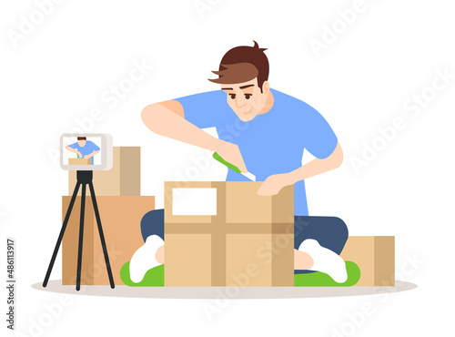 Recording unboxing video semi flat RGB color vector illustration. Young male blogger isolated cartoon character on white background