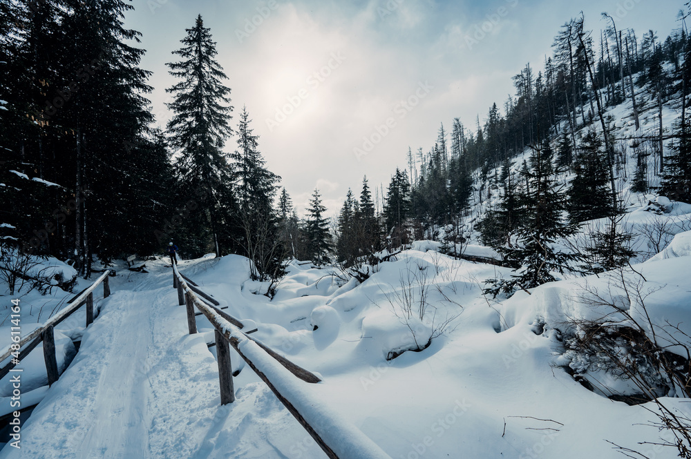 Alpine mountains landscape with white snow and blue sky. Sunset winter ...