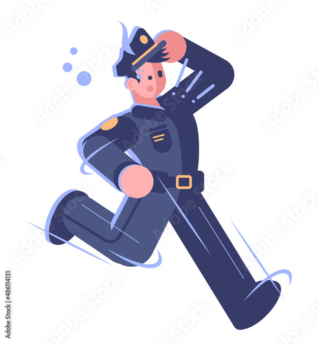 Police officer job semi flat RGB color vector illustration. Policeman being in rush isolated cartoon character on white background
