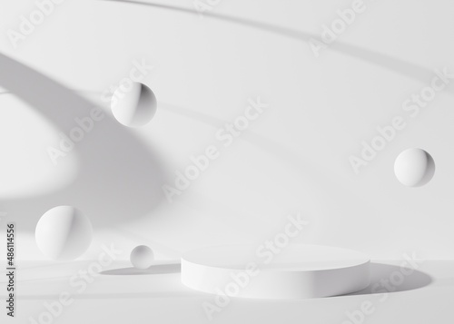 White round podium with spheres and shadows on white background. Elegant podium for product, cosmetic presentation. Mock up. Pedestal or platform for beauty products. Empty scene. 3D rendering. © Creative_Bird