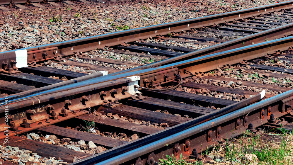 Old railway track close up, railway transportation Old railway track close up, railway transportation