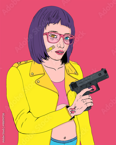 Gangster Beautifil Girl Yellow Jacket Holding Automatic Pistol Cartoon Illustration