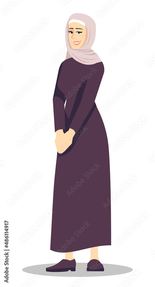 Beautiful lady in scarf and long dress semi flat RGB color vector illustration. Smiling modest woman wearing hijab isolated cartoon character on white background