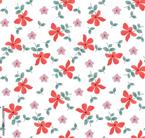 Watercolor floral blossom. Beautiful hand drawn red and pink flowers, seamless pattern background.