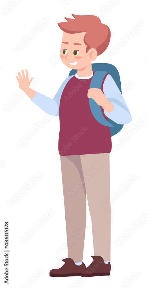Greeting friends on first school day semi flat RGB color vector illustration. Schoolboy with backpack isolated cartoon character on white background