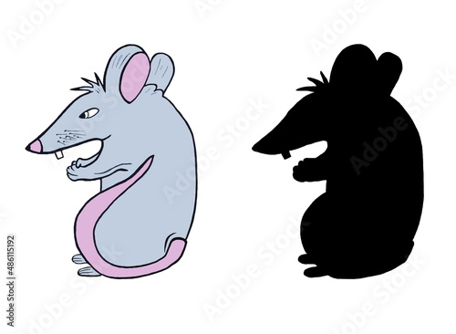 Illustration of two rats, hand drawn. The first is  cartoonish, funny, second in the form of a silhouette. Template. Closeup.
