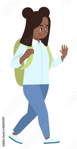 Back to primary school semi flat RGB color vector illustration. Cute preteen girl waving hand isolated cartoon character on white background