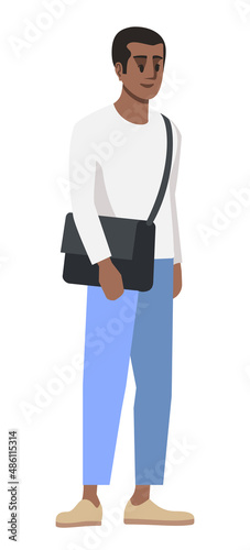 First year college student semi flat RGB color vector illustration. Stylish young man with crossbody bag isolated cartoon character on white background