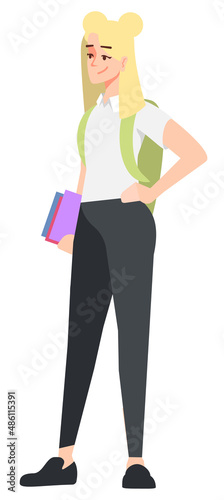 Female freshman semi flat RGB color vector illustration. Pretty high school girl in comfy uniform isolated cartoon character on white background