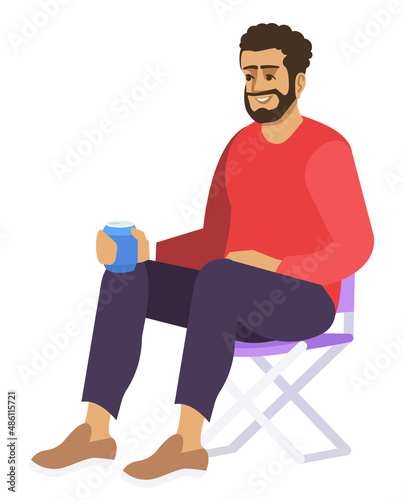 Outdoor recreation semi flat RGB color vector illustration. Bearded man sitting on camping chair with drink isolated cartoon character on white background
