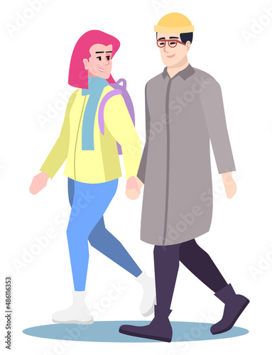 Going on date in cold weather semi flat RGB color vector illustration. Couple wearing winter clothing isolated cartoon characters on white background