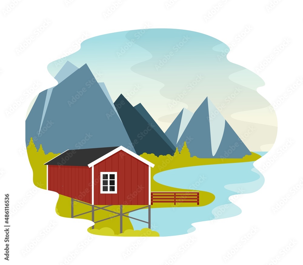 Village in the mountains landscape of the northern mountain valley with red houses. Rest in a mountain village on the shore of a lake and a river. Vector illustration in a flat style.