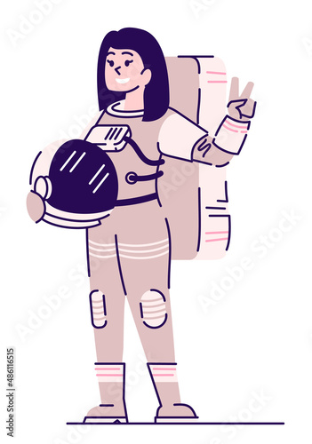 Female space tourist semi flat RGB color vector illustration. Smiling female astronaut showing victory sign isolated cartoon character on white background