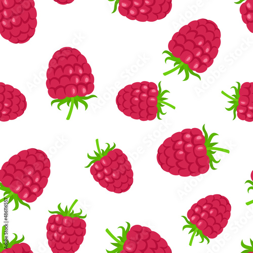 Raspberry background. Vector seamless pattern with red ripe berries. Flat food illustration.