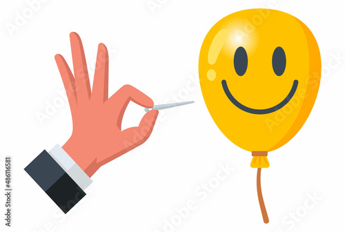 pierce a balloon with a needle with a smile. flat vector illustration.
