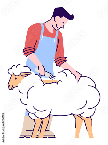Farmworker with lamb semi flat RGB color vector illustration. Male livestock farmer shearing sheep isolated cartoon character on white background