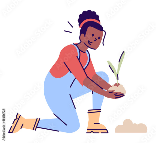 Professional gardener semi flat RGB color vector illustration. Female farmer planting green seedling isolated cartoon character on white background