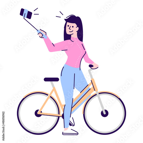 Active lifestyle semi flat RGB color vector illustration. Girl on bicycle holding selfie stick isolated cartoon character on white background