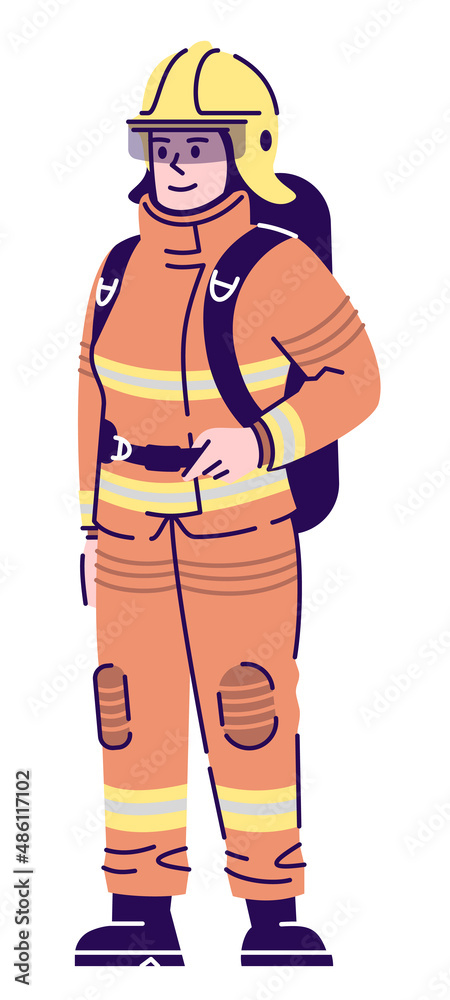 Emergency service semi flat RGB color vector illustration. Female firefighter wearing uniform isolated cartoon character on white background