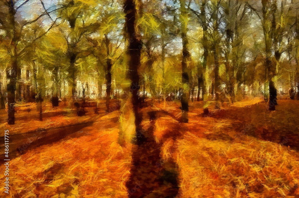 Obraz premium landscape view oil painting with real texture brush strokes effect. Contemporary impressionism mixed style wall art print. Travel nature scene. Vacation postcards wall art print design beauty artwork.