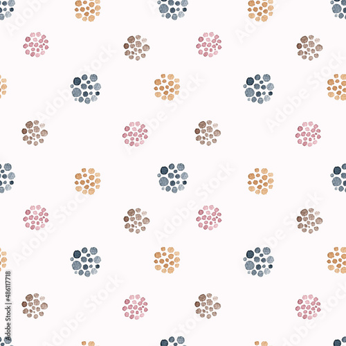 Seamless pattern with multicolored circles in a dot on a white background. Watercolor. Printing on fabric. Packing paper. Wallpaper. Design. Art. Abstraction. Brush. Handmade work. Spots.